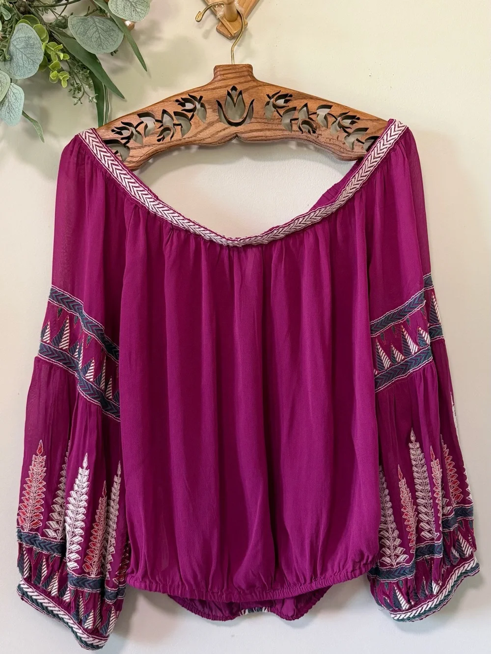 Free People Magenta Embroidered Off-Shoulder Boho Blouse